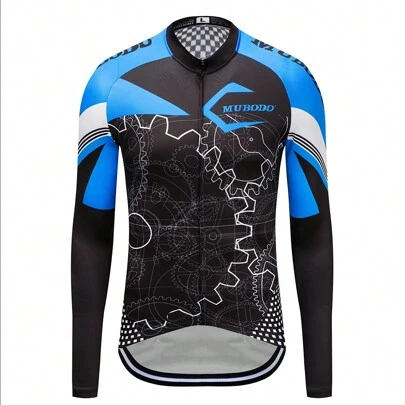 MUBODO 1pc Color Block Bicycle Jersey Jacket With Wheel Letter Print And Raglan Sleeve Sleeve