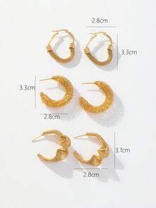 3 對時尚不銹鋼絲編織鍍金耳環,適合女士日常佩戴 - 金色 - 查看 7