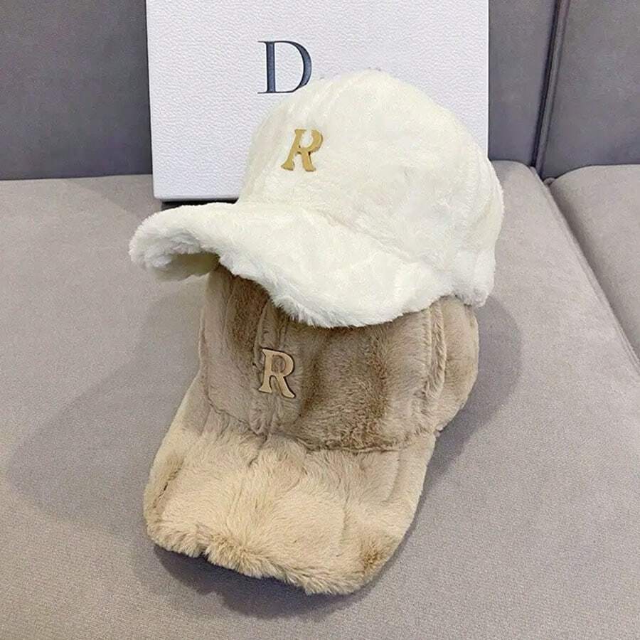 1 件装 2023 新款蓬松棒球帽女士冬季加厚毛绒尖顶帽棒球帽保暖护耳帽 - 白色 - 查看 1