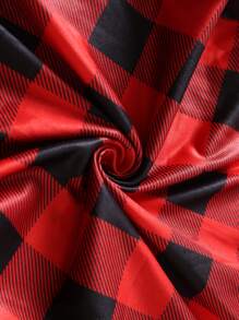 女士纯色圆领上衣和格子休闲裤家居睡衣套装，速干 - 紅色 - 查看 4