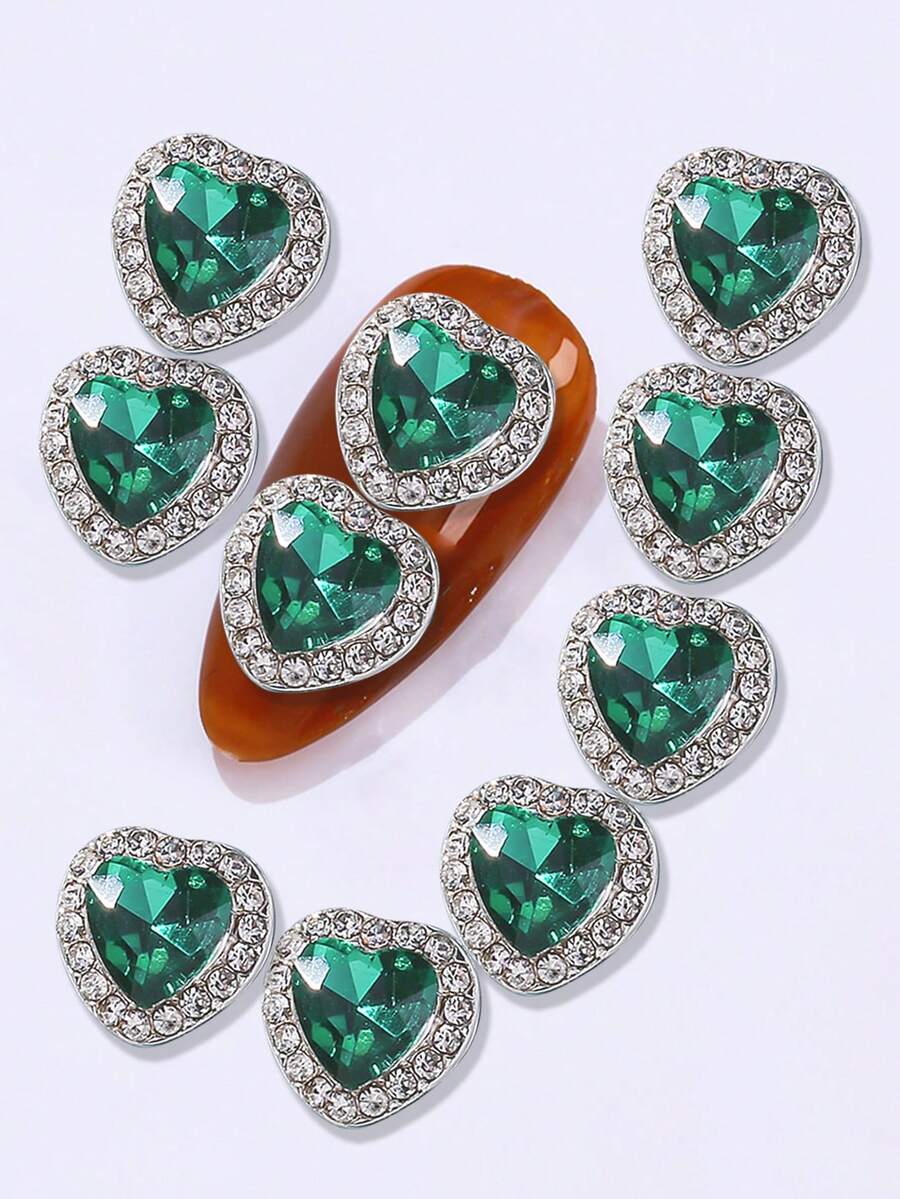 10入組合金心形鑲嵌水鑽指甲藝術裝飾