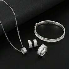 4入組時尚奢華方格氧化鋯星空設計閉合環,手鍊,項鍊,耳環套裝,適用於女性日常和派對穿著 - 首飾套裝 - 查看 4