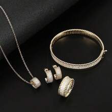 4入組時尚奢華方格氧化鋯星空設計閉合環,手鍊,項鍊,耳環套裝,適用於女性日常和派對穿著 - 首飾套裝 - 查看 5