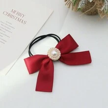 1 cái Của Của phụ nữ Sâu Đỏ  Màu thuần Xa ten Ruy băng Tiếng Pháp Thanh lịch Nơ Ngọc trai Giả Đàn hồi cao Dây buộc tóc Thích hợp Đối với Mặc hàng ngày Đối với Ngày tháng Và Yến tiệc - Màu Đỏ Sâu - Xem 3