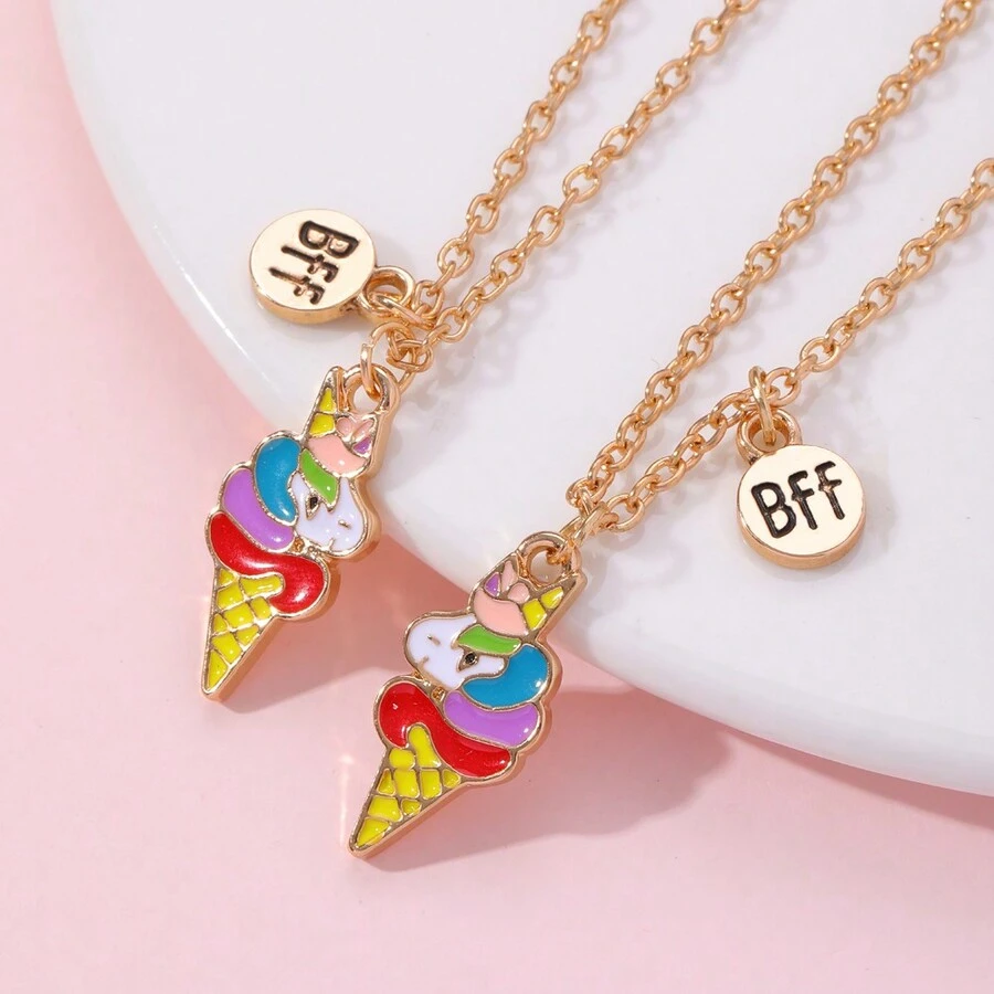 2 件/套卡通冰淇淋獨角獸吊墜項鍊適合好友日常佩戴 - 金黃色 - 查看 1