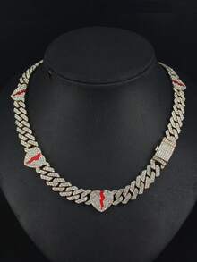 1入時尚全過程鑲嵌鉆石心形斷鏈頸鍊男女嘻哈飾品情人節禮物 - 金黃色 - 查看 5