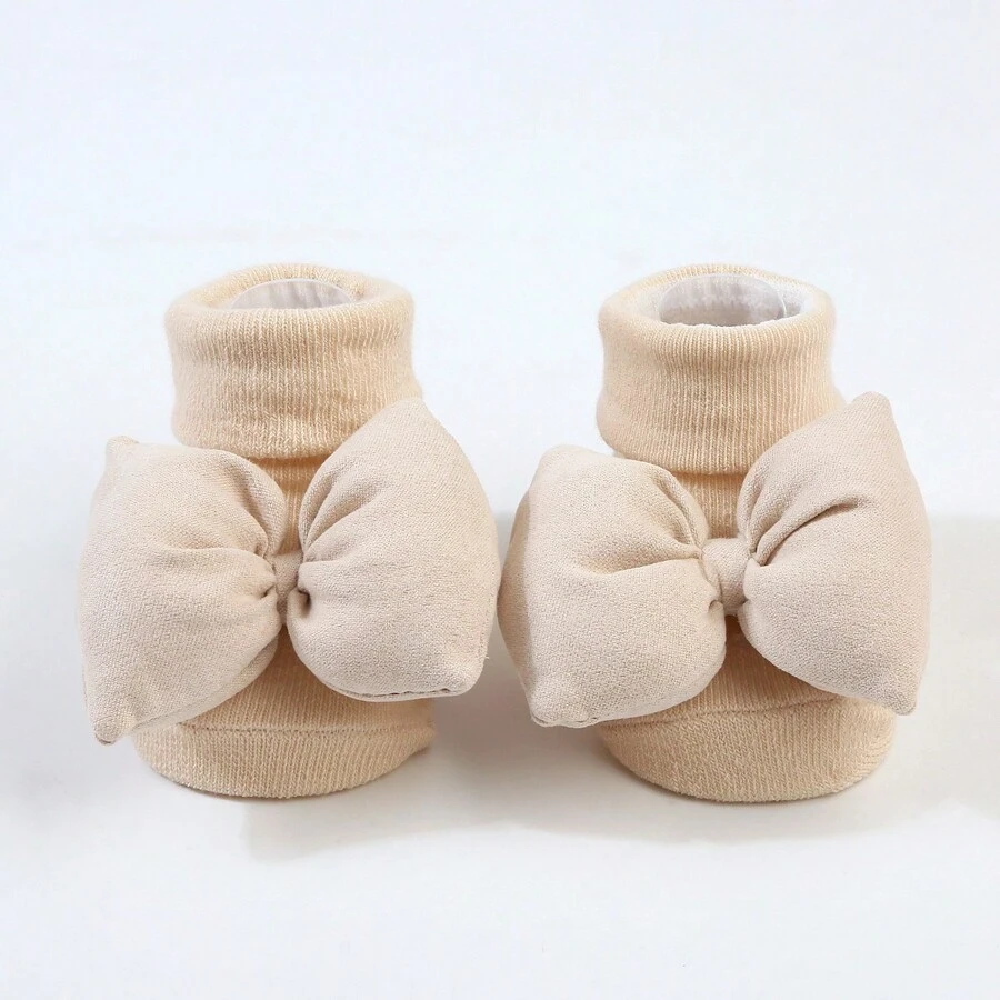 1 雙裝新生兒嬰兒襪子嬰兒襪子防滑蝴蝶結幼兒襪子 - 米色 - 查看 1