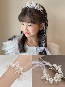 1入組女孩假珍珠花朵頭箍，婚禮花童白色花冠，手腕裝飾，手鐲