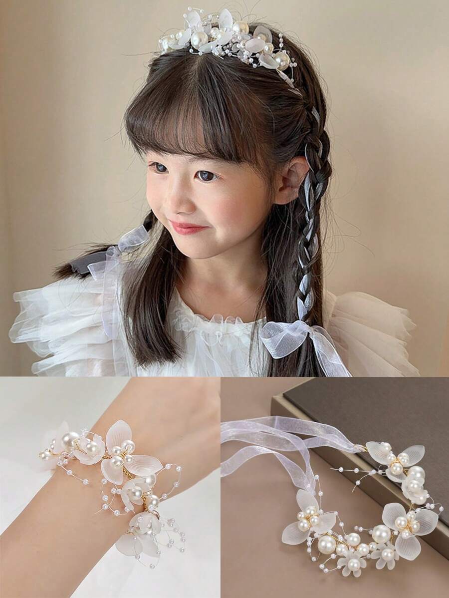 1入組女孩假珍珠花朵頭箍，婚禮花童白色花冠，手腕裝飾，手鐲