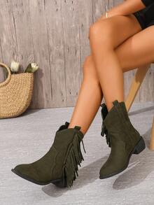 新款式女式復古流蘇靴,圓頭厚跟短靴,西部牛仔靴,帶 V 割線 - 軍綠色 - 查看 2