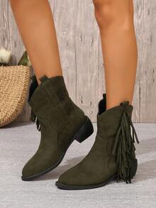 新款式女式復古流蘇靴,圓頭厚跟短靴,西部牛仔靴,帶 V 割線 - 軍綠色 - 查看 5