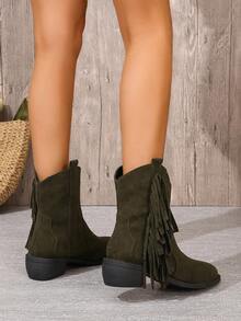 新款式女式復古流蘇靴,圓頭厚跟短靴,西部牛仔靴,帶 V 割線 - 軍綠色 - 查看 4