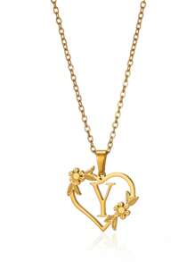 1pc Fashionable Stainless Steel Alphabet & Heart & Flower Design Necklace, Suitable For Women's Parties And Festivals, Jewelry Gift Valentines,Mom,Mother,Mother's Day,Gift