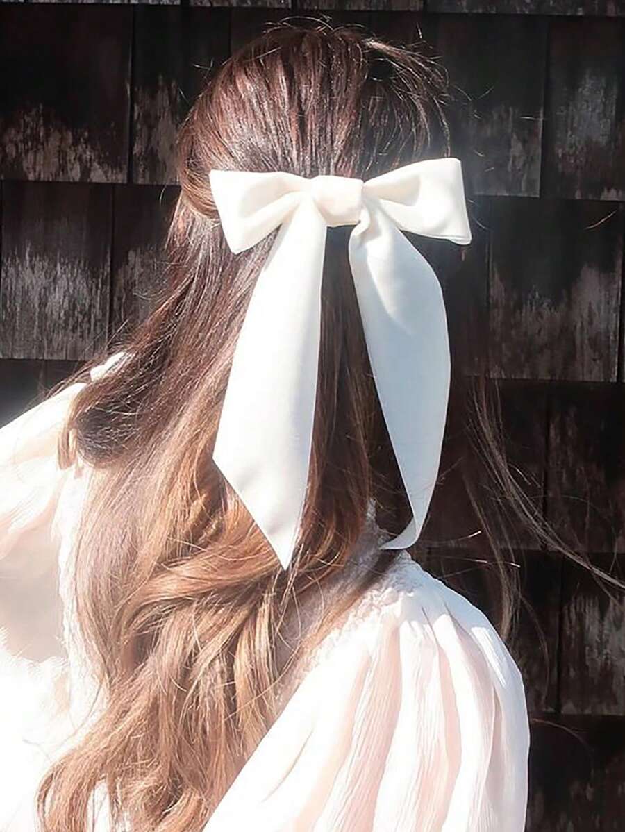 1入組絨布單層蝴蝶結髮夾，韓式學生女生馬尾夾可愛款 - 白色 - 查看 1