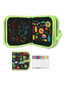 14頁畫板兒童可重復塗鴉書與12支水彩筆,防水彈性繪畫板,幼兒、學齡前儿童活动玩具,藝術旅行套裝,公路旅行車載遊戲寫作繪畫工具箱 - 綠色 - 查看 1