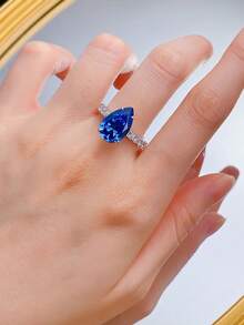 直播商品 - S925 銀寶藍色藍寶石 9*14 毫米梨形吊墜女式戒指 - 寶藍色 - 查看 4