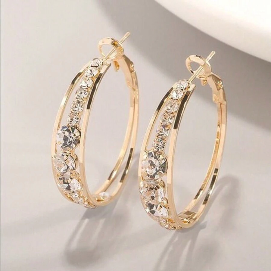 1對女士圓形耳環組,時尚鑲鑽女士耳環,防敏感飾品,適合當做生日派對禮物和日常佩戴(金色)