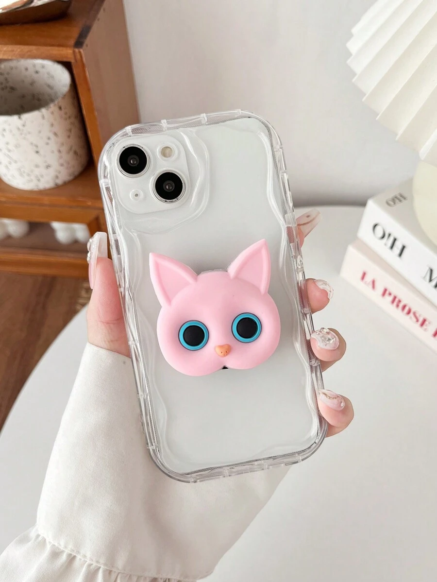 Cute 3d Cat Shaped Phone Grip & Stand With Telescoping & Folding Function - Pink - View 1