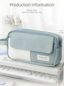 翻蓋鉛筆盒筆袋,三個間隔手提收納袋,適用於文具學校 - 藍色 - 查看 3