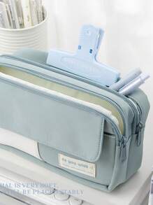 翻蓋鉛筆盒筆袋,三個間隔手提收納袋,適用於文具學校 - 藍色 - 查看 8