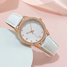 女性節日禮物1件奢華石英手表女商務時尚休閒圓形鑽石銀色不鏽鋼手表