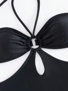 女士纯色无肩带镂空领口个性化连体泳衣夏季 - 黑色 - 查看 3