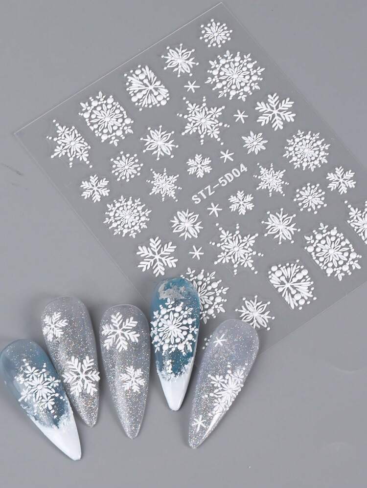 4 Hojas/set Pegatina 5d De Arte De Uñas Con Relieve Navideño De Copo De Nieve Y Dibujos Animados - Multicolor - Añade 5