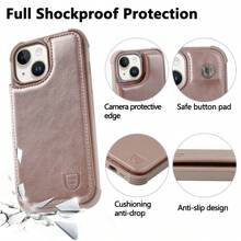 带信用卡夹和 RFID 屏蔽的皮革翻盖保护套，兼容 iPhone 7/8/SE、iPhone X/XS、iPhone XR、iPhone 11、iPhone 12/12Pro、iPhone 13 Mini、iPhone 13、iPhone 13 Pro、iPhone 13 Pro Max、iPhone 14、iPhone 14 Pro、iPhone 14 Plus、iPhone 14 Pro Max。钱包式保护套适用于车载支架。 - 玫瑰金 - 查看 4