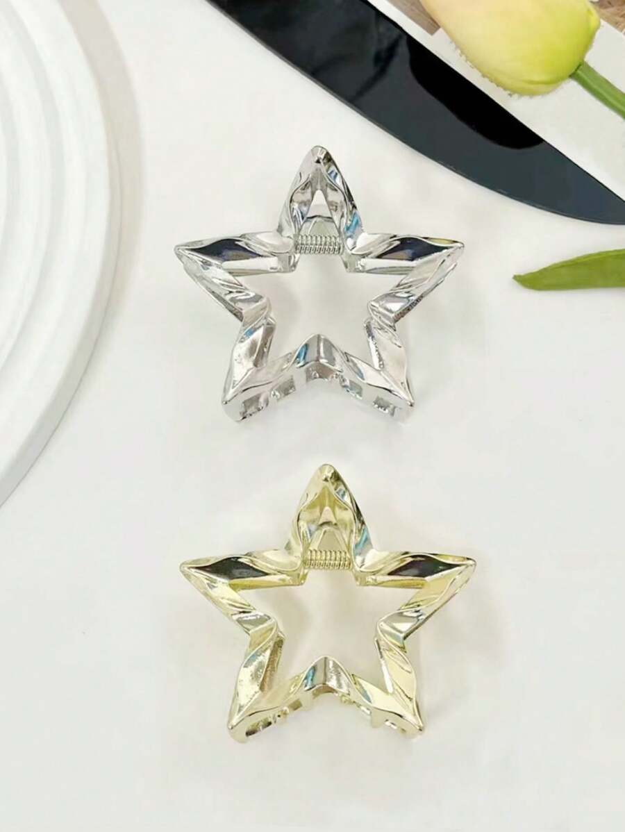 2 件/套女士可愛時尚五尖星形髮夾,合金材質,適合日常佩戴、服裝配件和舞會禮物