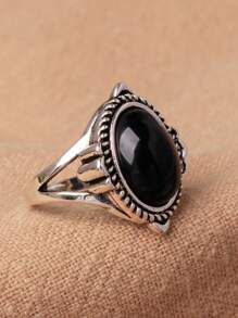 1pc Alloy Plated Vintage Silver Oval Faux Gemstone Ring, Multiple Colors Available - View 4