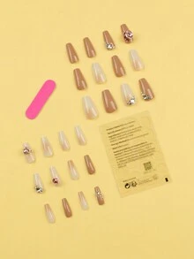 24pcs Short Square Pink Ombre With White Pattern & Heart Rhinestone Decor Korean Style Reusable Press On Nails Set, Suitable For Daily Wear - Multicolor - View 2