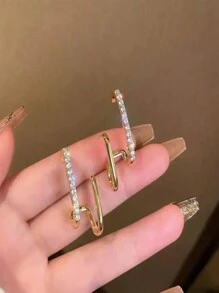 1pair Fashionable Double Row Vertical Bar & Geometric Shape Rhinestone Inlay Stud Earrings For Women - Yellow Gold - View 5