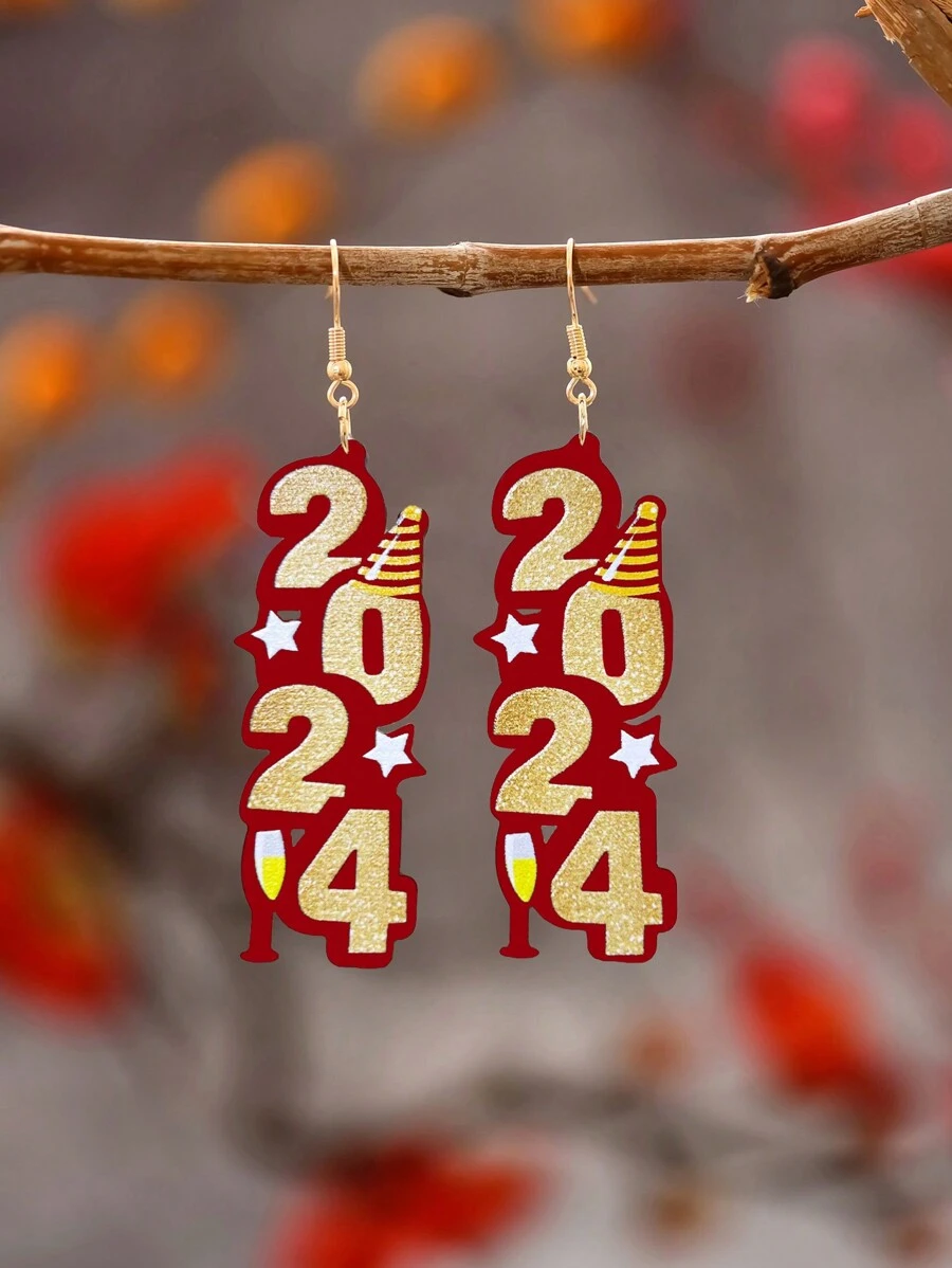 1對2024新年倒數主題吊墜耳環,創意多變配件,適合作為聖誕節和感恩節禮物、新年派對慶祝活動