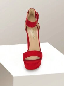 Sandalias de tacón alto y bloque grueso con plataforma, decoración de hebilla, correa de tobillo, punta abierta, tacón grueso, perfectas para fiesta, boda, noche de graduación - Rojo - Ver 6