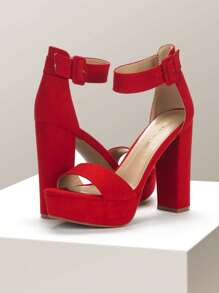 Sandalias de tacón alto y bloque grueso con plataforma, decoración de hebilla, correa de tobillo, punta abierta, tacón grueso, perfectas para fiesta, boda, noche de graduación - Rojo - Ver 4