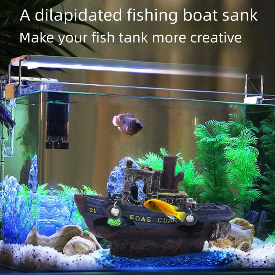 1入組樹脂沉船水族箱裝飾,海盜沉船魚缸藏身處裝飾品 - 彩色 - 查看 1