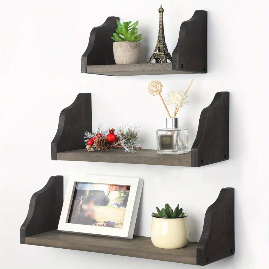 Floating Shelf Wall Mounted Set Of 3 Wooden Wall Mounted Storage Rack for Bedroom Kitchen Living Room - Black - View 1