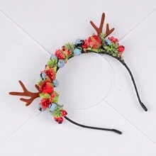 1 件女士手工制作红色森系人造花和云莓圣诞发带，带鹿角装饰，派对和摄影配件，礼物