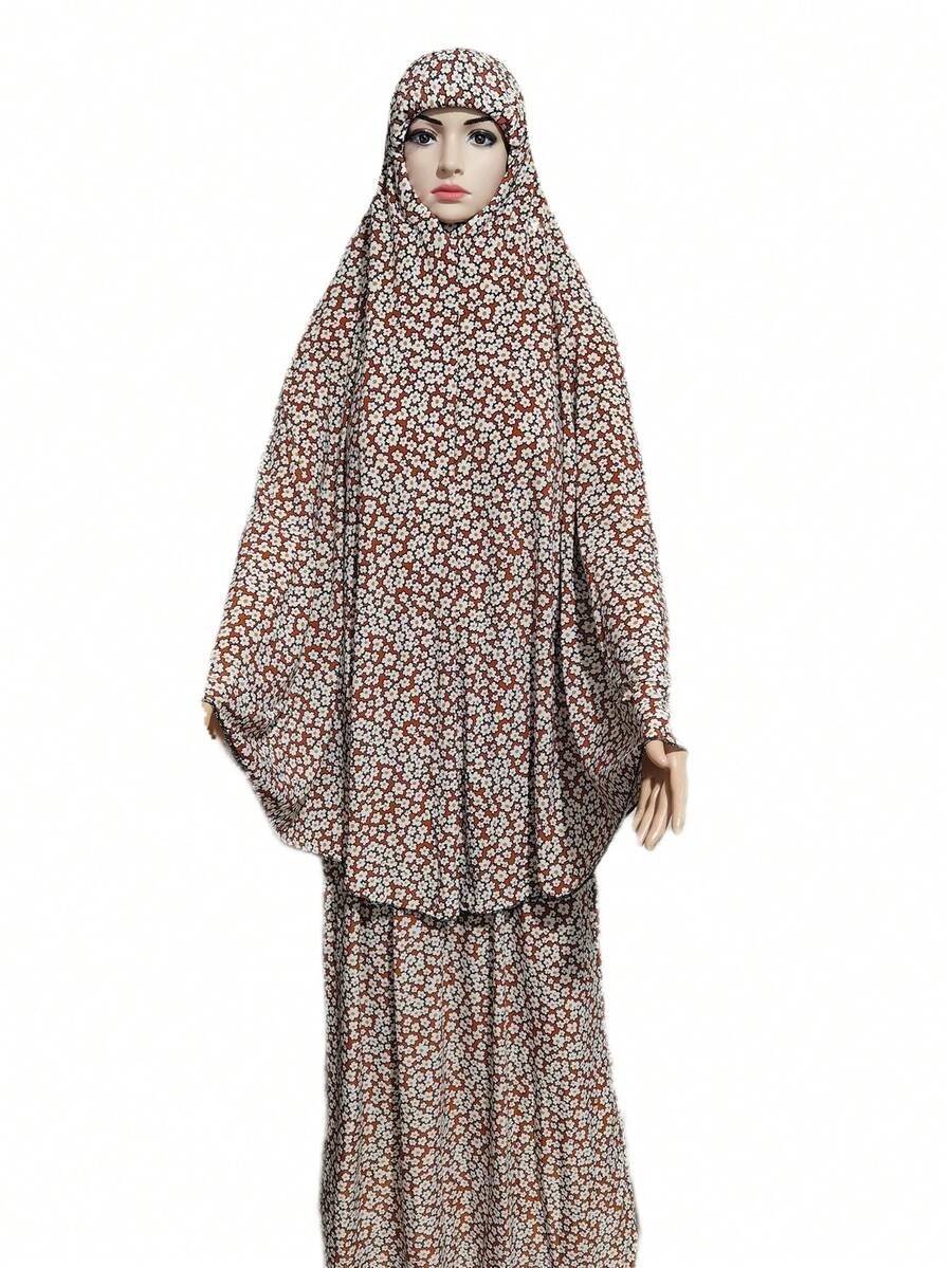 女性禱告服裝套裝,配有特長頭巾、裙子和無袖上衣 - 橘色 - 查看 1