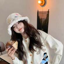 1 Máy Tính Nữ Dày Sang Trọng Nón Với Lông Cừu, Ngôi Sao Trang Trí, mùa Đông Ấm Áp Nón Dễ Thương - trắng - Xem 3