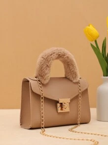 Fashionable Soft Fluffy Chain Shoulder Bag, Daily Shopping Small Square Handbag, Autumn/Winter - Khaki - View 2