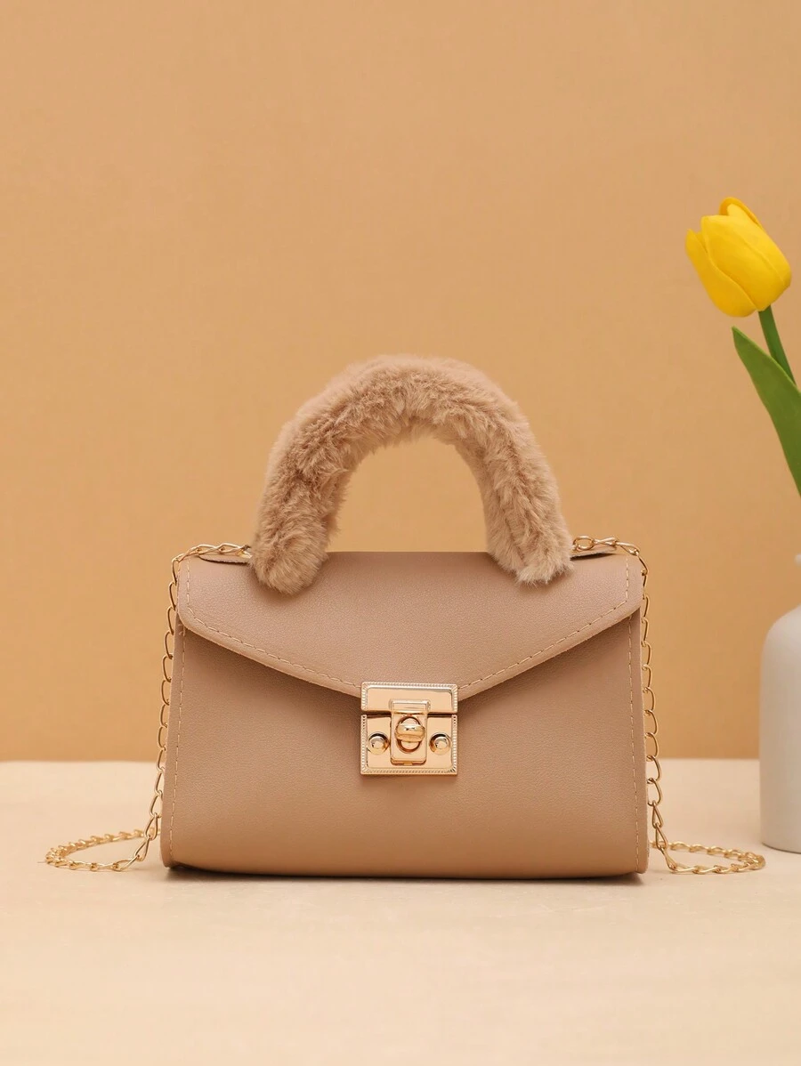Fashionable Soft Fluffy Chain Shoulder Bag, Daily Shopping Small Square Handbag, Autumn/Winter - Khaki - View 1