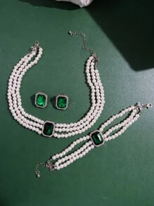 4 cái/bộ Tiếng Pháp Thanh lịch Nhiều lớp Ngọc trai Giả Đá quý Dây chuyền Vòng tay Bộ bông tai - màu xanh lá - Xem 5