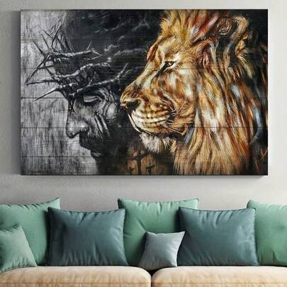 1 Pieza, Póster Impreso En Lienzo, Pinturas De Jesús Y León, Decoración De Arte De Pared De Graffiti, Para Decoración De Pared De Sala De Estar, Decoración De Pared De Dormitorio, Decoración De Arte De Pared De Lienzo, Sin Marco