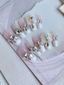10入組法式風格長款假指甲,帶3d蝴蝶&心型鑽石設計,適用婚禮、聚會、舞會、日常佩戴 - 白色 - 查看 1