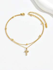 European And American Fashion Cross Stainless Steel Rhinestone Anklet For Women, Versatile Foot Jewelry - Yellow Gold - View 5