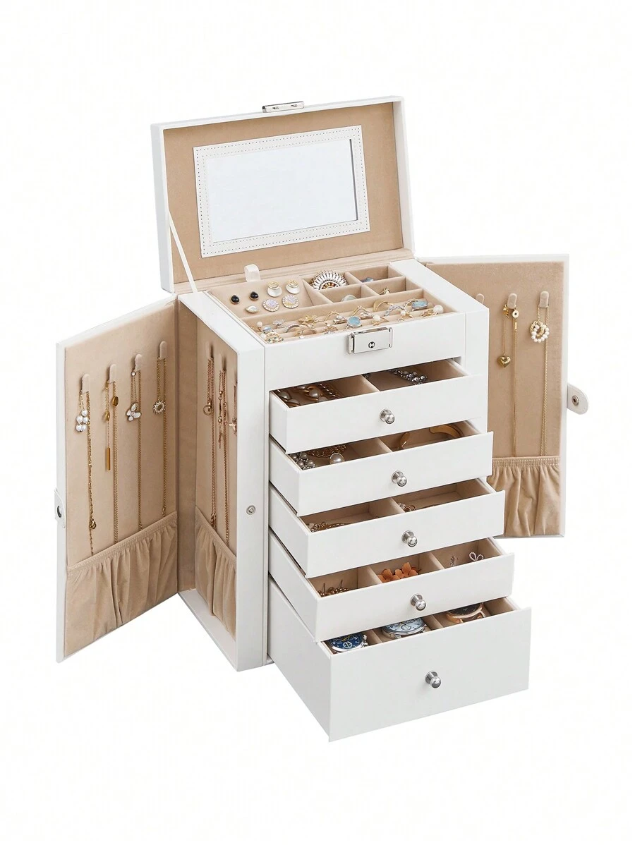 SONGMICS Schmuckkasten, große Schmuckschatulle mit 6 Ebenen, Schmuckkästchen mit seitlichen Klapptüren, Schubladen, Spiegel und Verschluss, für Ringe, Ohrringe, Uhren, Weihnachten - Weiss - Übersicht 1