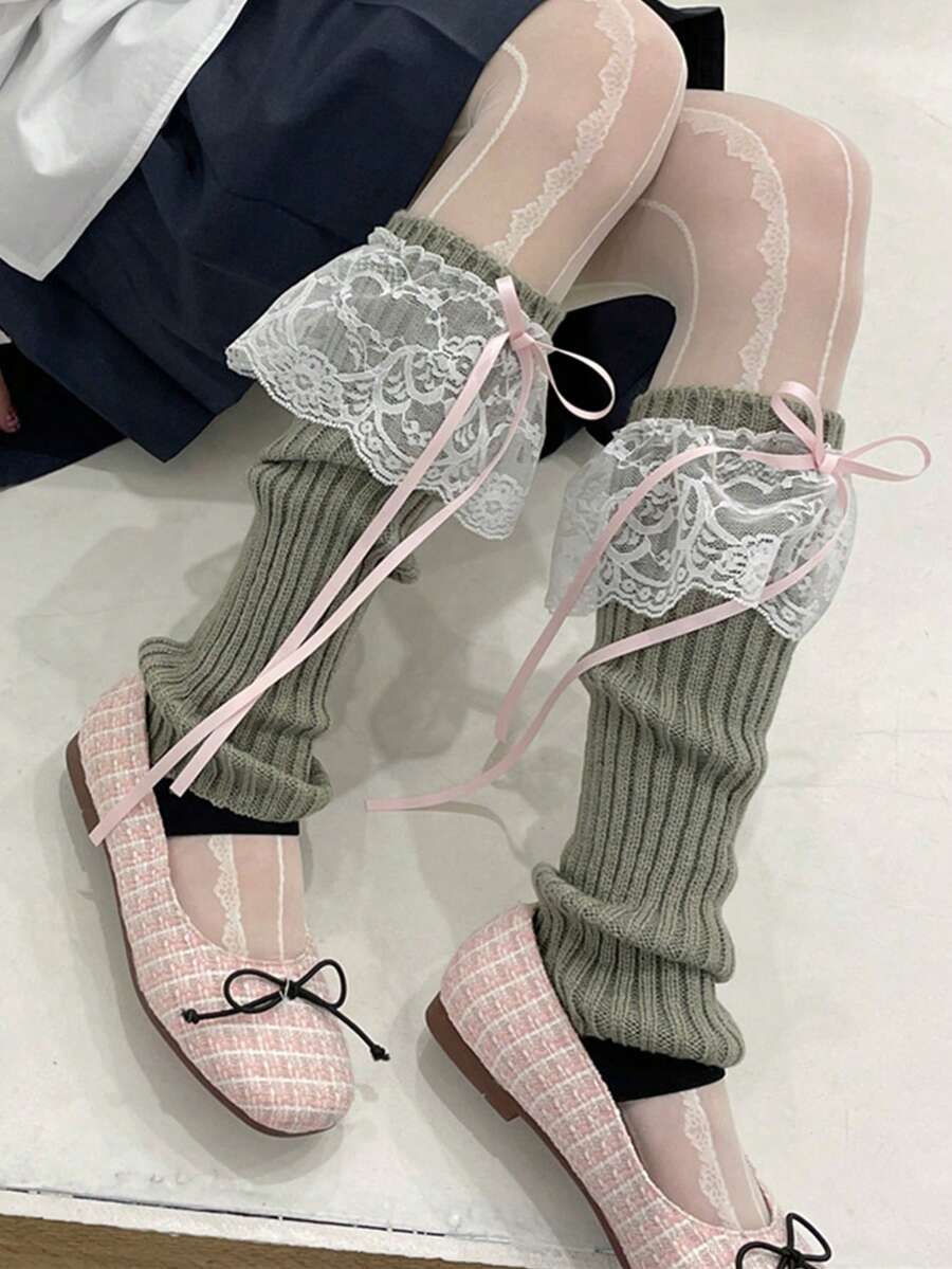 1對日式JK蘿莉塔女孩蝴蝶結飄帶毛織花邊腿套毛堆腿暖，日式Y2K腿套配飾