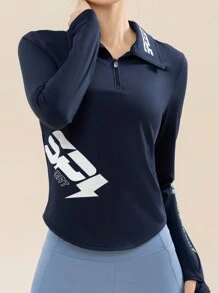 361degree Letter Graphic Zip Up Half Placket Sports Jacket - Navy Blue - View 2