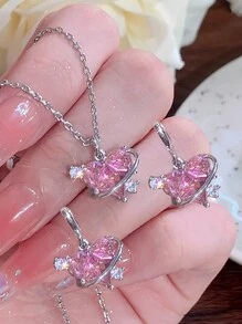 Bộ 3 dây chuyền và hoa tai mặt trái tim và đá Rhinestone phong cách Y2k dành cho tiệc tùng, hẹn hò, quà tặng, trang phục hàng ngày ngày lễ tình nhân - Bạc - Xem 1